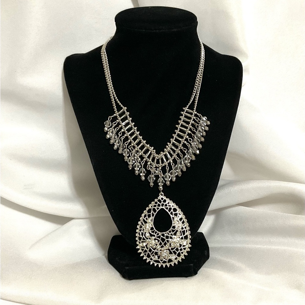 Silver Tone Statement Necklace Featuring Rhinestone Beadwork & Crystals - Picture 5 of 6